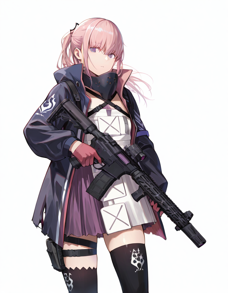 Volumetric Lighting, (masterpiece), (best quality), (ultra-detailed), masterpiece, source_anime, score_9, score_8_up, score_7_up BREAK, illustration, disheveled hair, detailed eyes, perfect composition, moist skin, intricate details BREAK, purple eyes, pink hair, ponytail, sidelocks, hair between eyes BREAK, AR15MOD3, layered clothes, MOD3_vest, white vest, MOD3_jacket, black jacket, MOD3_dress, pink dress, MOD3_chest_strap, uneven legwear, MOD3_thighhighs, MOD3_gloves, MOD3_thigh_holster, MOD3_thigh_strap, MOD3_battle_mask, MOD3_hair_ornament, BREAK, ((white background)), looking at viewer, standing, holding rifle, assault rifle, ar-15, holding ar-15, trigger discipline