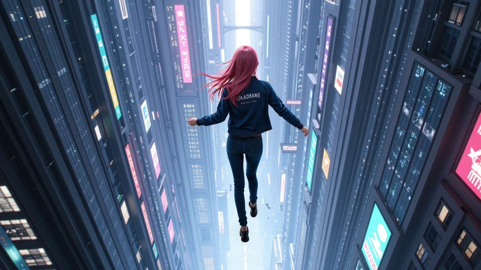 Vertical top-down shot,a 20-year-old girl with long pink hair wearing a dark blue denim jacket and tight jeans jumps from a great height,with the camera capturing only her back. Her arms are slightly spread,and her long hair flows in the wind. Below,a neon-lit cyberpunk city glows with vibrant reflections on glass skyscrapers,holographic billboards floating in midair,and a strong futuristic atmosphere. Intense sense of motion,cinematic quality,ultra-high-definition details,vivid style.,<lora:yuukananri-base-02-flux:0.8>,yuukananri,she has a slender physique and a petite build,<lora:kcyberpunk-01:0.5>,kcyberpunk,