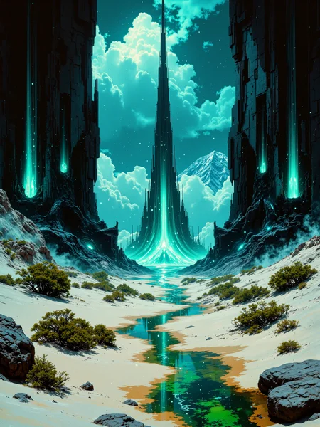 ultra-high-resolution cinematic film still, highest aesthetic quality, ultra-detailed, hyper-realistic, uhd, 8k, 4k,science fiction, an otherworldly desert valley under a churning sky, dominated by towering black monoliths arranged in a geometric pattern across the dunes, their angular forms contrast starkly with the surrounding ivory-white sand, each monolith emits pulses and radiant energy halos near their bases, triggering localized weather phenomena. heavy storm clouds swirl above, unnaturally dense and dark, trailing long curtains of rain, creating a striking visual as the falling water darkens the white sand in streaks and pools, steam rises from the ground where droplets strike, and rivulets form into temporary streams winding around the base of the alien constructs. tiny patches of green sprouts, mosses, and alien flora have begun to grow at the edge of the rainfall, pushing up through cracked salt crusts, signs of accelerated biological activity in an otherwise dead land, their presence both hopeful and uncanny. wide-angle birds eye perspective, slightly tilted to reveal the pattern of the monolith field and the concentric spread of rainfall from the central obelisk, emphasizing the monoliths as both the visual and narrative core of the composition. the color palette is stark and cinematic deep charcoals, electric blues, and bone white, with verdant green and teal accents in the sprouting plants illuminated by sporadic flashes of lightning above, soft reflected light from the pale desert floor, and the glow from inside the monoliths, shadows stretch long and eerie across the sand. filmed in high-resolution, captured with a drone-mounted imax camera, 28mm lens at f/4, storm atmosphere, enhanced lighting for sharp light-play on angular structures and eerie contrast, volumetric lighting, ovg, artilands02, arsmoviestill, 80s fantasy movie still, <lora:style-fantastic_landscapes-v2-flux-by_artifyai:0.88> <lora:style-80s_fantasy_movie-v3-flux-by_arsmachina:0.84>