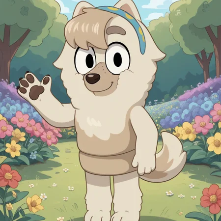score_9, score_8_up, score_7, source_cartoon, Judo(Bluey), Solo, 1girl, anthro, female furry, dog girl, chow chow, white and gray fur, fluffy fur, bangs, fluffy tail, black eyes, freckles, blue and yellow hairband, looking at viewer, full body, standing, smile, waving at viewer, flower field background,