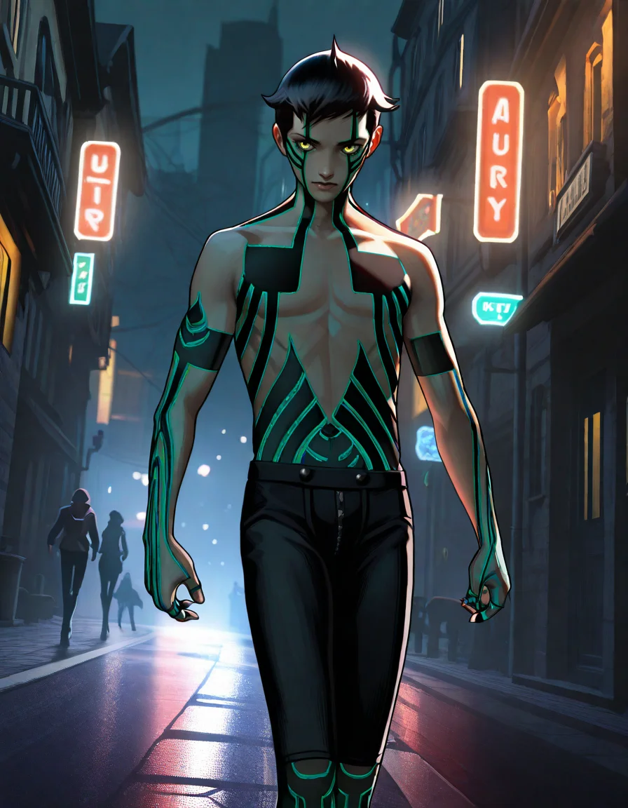 Masterpiece, hires, realistic, detailed face and eyes, ultra quality, cel-shaded, sharp lines, dry shading, Beautiful background, houses, street city, <lora:Shin_Megami_Tensei_III_Demi-Fiend:1> 1boy demi-fiend, dynamic pose, walking, fury, dutch angle, yellow eye, night, darkness