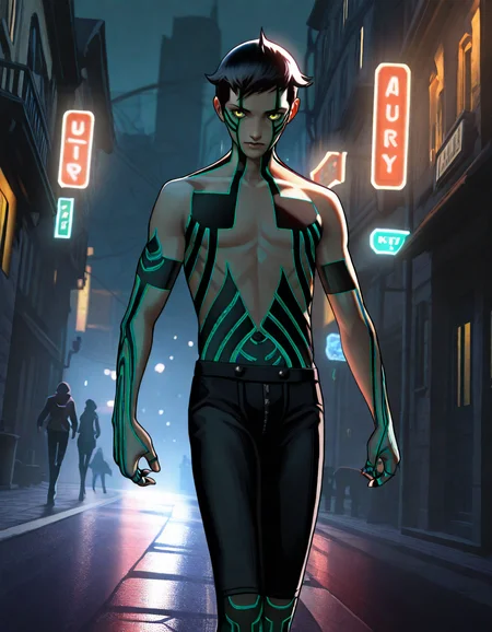 Masterpiece, hires, realistic, detailed face and eyes, ultra quality, cel-shaded, sharp lines, dry shading, Beautiful background, houses, street city, <lora:Shin_Megami_Tensei_III_Demi-Fiend:1> 1boy demi-fiend, dynamic pose, walking, fury, dutch angle, yellow eye, night, darkness