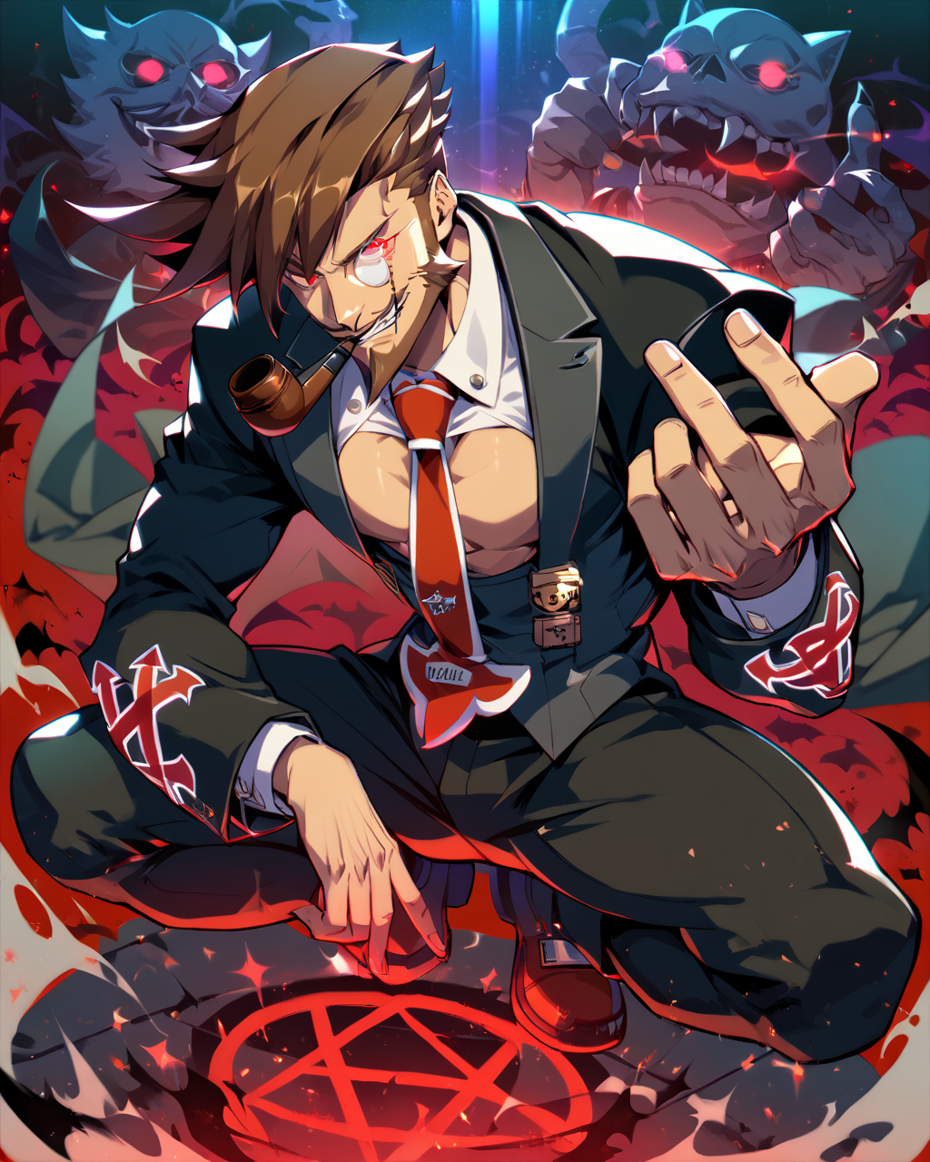 1boy, male focus, Slayer, guilty gear, score_9, score_8_up, score_7_up, score_6_up,  <lora:Slayer_from_Guilty_Gear:1>, solo, brown hair, smoking pipe, monocle, facial hair, mature male, vampire, smirk, tie, looking at viewer, toned, athletic, fit, fang, pipe, short hair, slicked to the side hair, mustache, male focus, best quality, amazing quality, best aesthetic, absurdres, smirk, evil smile, red eyes, glowing eyes, seductive, dandy, <lora:aesthetic_anime_v1s:0.4>, <lora:xl_more_art-full_v1:0.5> <lora:EpicF4nta5yXL:0.5>, (Crouching beside a foreboding, glowing pentagram with sinister intent), (bare chest, pecs),