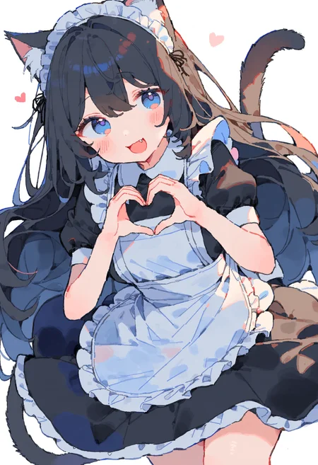 1girl, solo, very cute, white background, simple background, masterpiece, best quality, (very aesthetic, absurdres:0.88), (Illustrate a translucent watercolor painting, with delicate washes of color, subtle blending, and an airy, dreamlike quality), (sketch, outline, lineart:1.1), (oekaki, tegaki, backlight:1.2), bunti, <lora:bunti_Animagine3.1_v1.0:1>, :d, animal ear fluff, animal ears, apron, black dress, black hair, blue eyes, blush, cat ears, cat girl, cat tail, dress, fang, frilled apron, frills, hair between eyes, hands up, heart, heart hands, long hair, long sleeves, looking at viewer, maid, maid apron, maid headdress, open mouth, puffy short sleeves, puffy sleeves, short sleeves, smile, standing, tail, very long hair, white apron, white outline