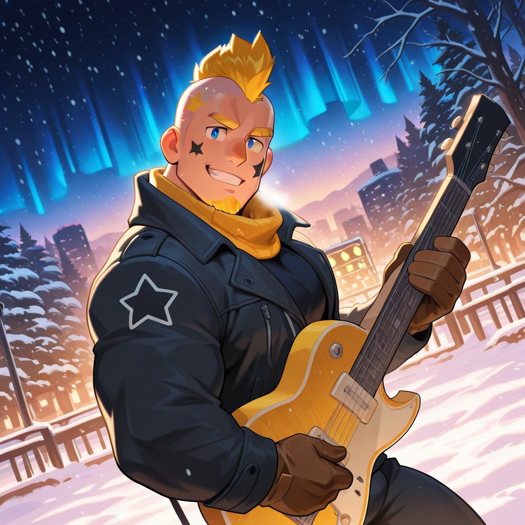 mbti_esfp, very awa, mbtiesfp, 1boy, blonde, short hair, black star on face,, black jacket, (white winter coat), winter scarf, brown gloves, black turtleneck shirt, looking at viewer, smirk, grin, happy, brawlStars, in the amusement park, pants, portrait, half body, upper body, blue eyes, shaved mohawk, source_cartoon, 2d, bara, manly, muscular, 3/4 view, night sky, aurora in the sky, snow, playing guitar, {{holding red electric guitar}}, in the concert, ((floating colorful muscial notes)), snowstorm, Side View, Pec focus, left view, warm lighting, with people walking background, {{colorful glowing musical notes}}, yellow eyebrows, yellow chin hair, facial hair, dutch angle, winter forest trees, city nightscape, colorful neon lights, {{yellow goatee}}, highlight, highlighted eyes, very awa