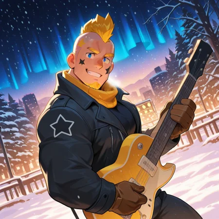 mbti_esfp, very awa, mbtiesfp, 1boy, blonde, short hair, black star on face,, black jacket, (white winter coat), winter scarf, brown gloves, black turtleneck shirt, looking at viewer, smirk, grin, happy, brawlStars, in the amusement park, pants, portrait, half body, upper body, blue eyes, shaved mohawk, source_cartoon, 2d, bara, manly, muscular, 3/4 view, night sky, aurora in the sky, snow, playing guitar, {{holding red electric guitar}}, in the concert, ((floating colorful muscial notes)), snowstorm, Side View, Pec focus, left view, warm lighting, with people walking background, {{colorful glowing musical notes}}, yellow eyebrows, yellow chin hair, facial hair, dutch angle, winter forest trees, city nightscape, colorful neon lights, {{yellow goatee}}, highlight, highlighted eyes, very awa