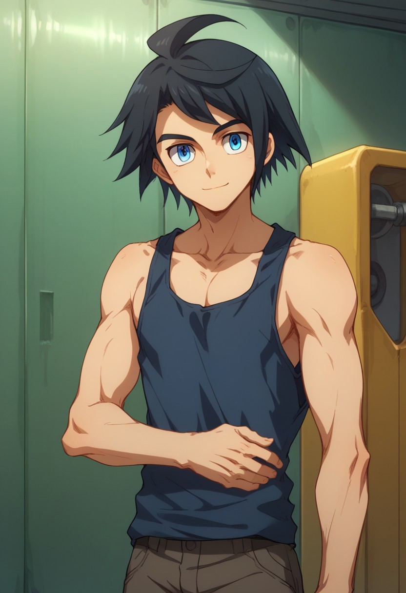 score_9, score_8_up, score_7_up, source_anime, highly detailed, 
mikazuki, 1boy, male focus, solo, blue eyes, black hair, ahoge, closed mouth, smile, collarbone, bangs, short hair, pper body, tank top, pants,
indoor, hangar,