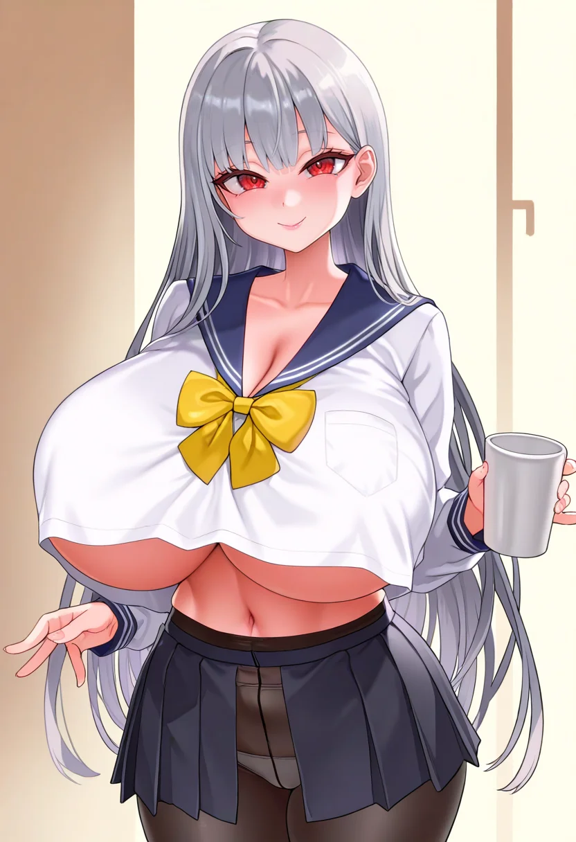 masterpiece, best quality, 1girl, gigantic breasts, indoors, white shirt, grey hair, crotch seam, blue sailor collar, serafuku, cleavage, crop top overhang, underwear, stomach, holding, yellow bow, shirt, bowtie, neckerchief, long sleeves, cowboy shot, black skirt, open clothes, bow, red eyes, pink lips, looking at viewer, holding cup, collarbone, smile, very long hair, miniskirt, school uniform, panties, long hair, sailor collar, no bra, underboob, midriff, pleated skirt, yellow bowtie, black pantyhose, standing, crop top <lora:asanagi-Style-vpred-resized:1>