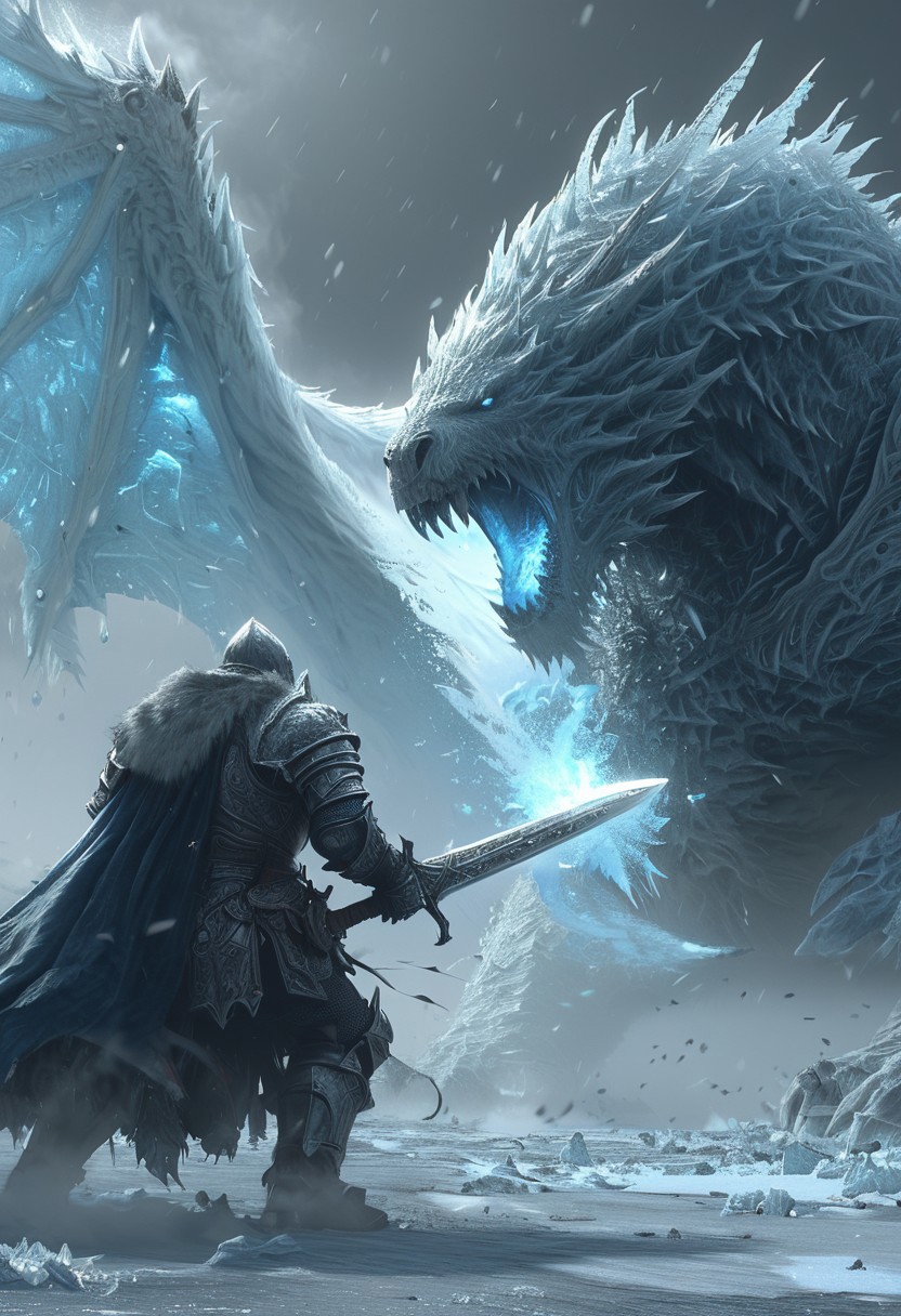 A fantasy battle scene with a flame-wielding mage and the Frost King of the Forgotten Tundra. The Frost King is a towering ice-armored warlord with a blade that freezes the air. The mage is trying to melt the icy defenses with fire spells. The background is a frozen battlefield with a raging snowstorm. The tundra itself is fighting against the hero's advance. <lora:CyberRealistic_Negative-neg:1>  <lora:detailed_notrigger:1>  <lora:XL_boss_battle:1>