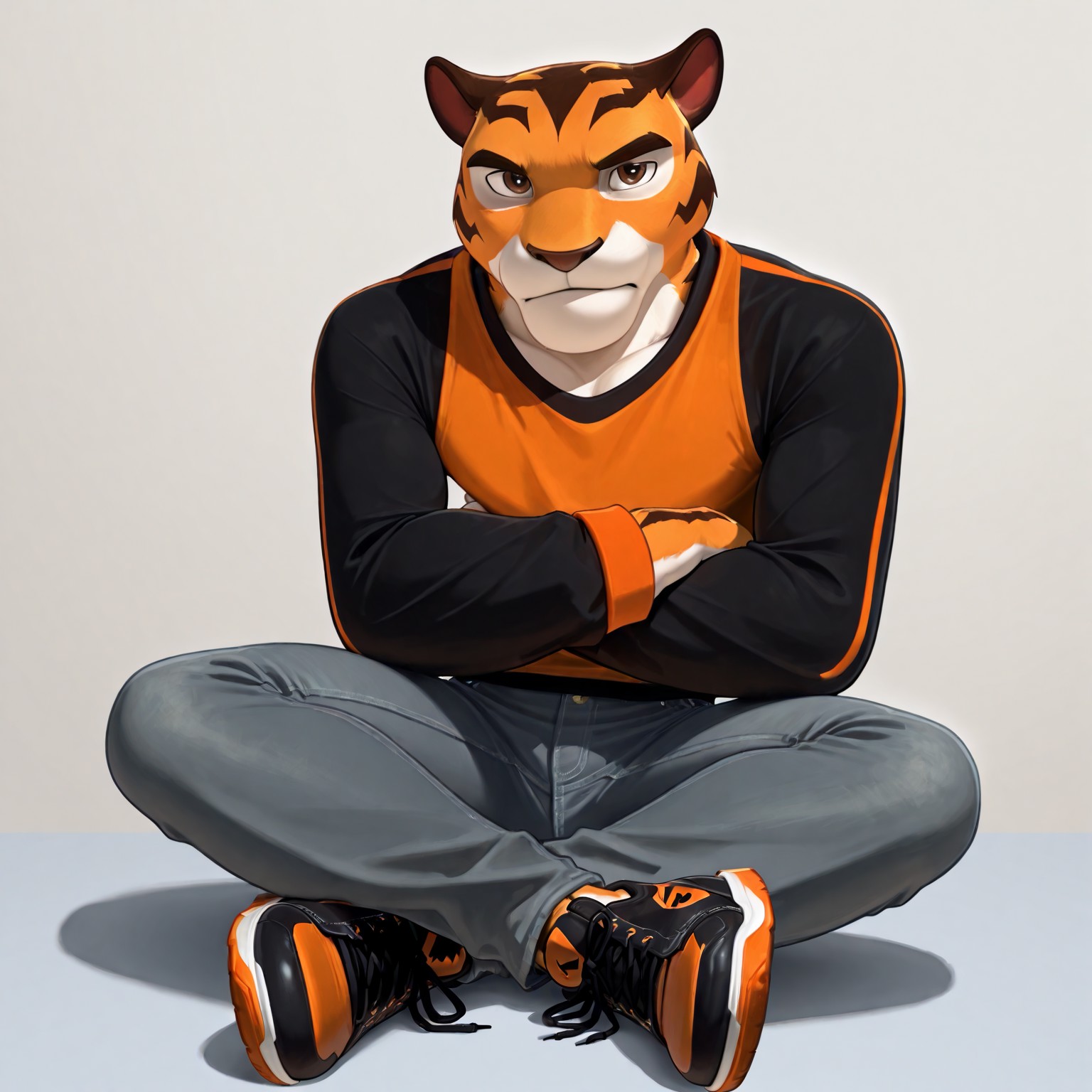 Tag, tiger boy, furry male, tiger ears, brown eyes, multicolored fur, white patches around eyes, white area on lower face that extends down neck, white palms, orange fur, brown stripes, thick eyebrows, blunt brown nose, tall, muscular, grey jeans, orange shirt, black sleeves, orange stripes that run down from shoulders, orange cuffs, black shoes with orange soles, arms crossed, masterpiece, best quality, amazing quality, male, looking at viewer, broad shoulders,