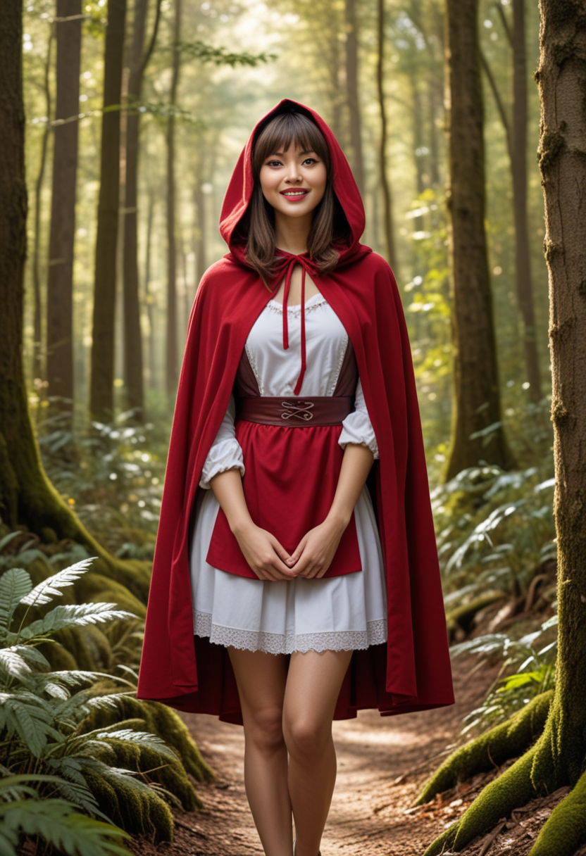 (medium full shot) of (adventurous red riding hood) young woman, thai, tan skin, hazel eyes, full-figured build, extra long hazel straight bangs hair, wearing a burgundy hooded cape, white blouse, short skirt , ballet flats, natural lip tint, embroidered apron, set in  a dense forest, with towering trees, dappled sunlight, soft moss underfoot, chirping birds, and rustling leaves, woman smiling, Masterpiece,best quality, photo, realistic, very aesthetic, detailed face,