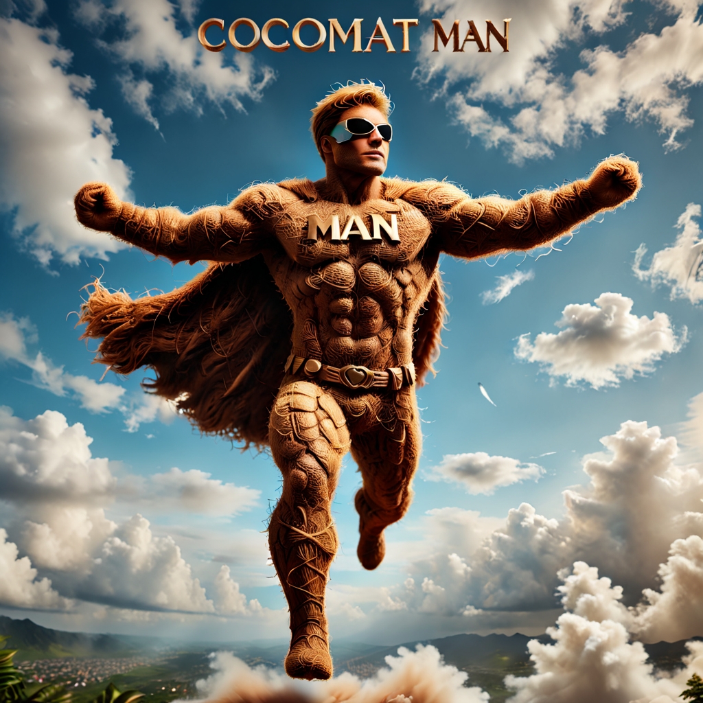 (sign that says "Cocomat Man":1.8),(the word "Cocomat man":1.8),cinematic poster of a flying strong pamcocomat superhero,divine glow, sky background with clouds,ready to defens people,cape flutters in the wind,action pose,full depth of field and realistic textures,highly detailed,masterpiece,high quality, 8K Ultra HD