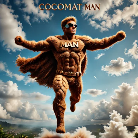 (sign that says "Cocomat Man":1.8),(the word "Cocomat man":1.8),cinematic poster of a flying strong pamcocomat superhero,divine glow, sky background with clouds,ready to defens people,cape flutters in the wind,action pose,full depth of field and realistic textures,highly detailed,masterpiece,high quality, 8K Ultra HD