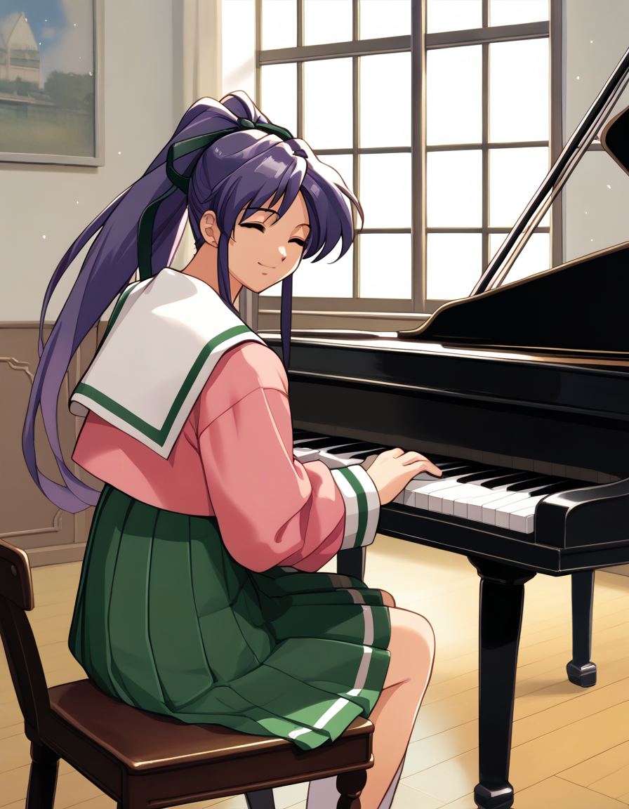 score_9,  score_8_up, score_7_up
<lora:takabe-eri-ponyxl-000028:1> takabe, purple hair, hair ribbon, serafuku, pink shirt, pleated skirt, green skirt,
1girl, closed eyes, light smile, solo, sitting, piano, piano bench, window, sunbeam