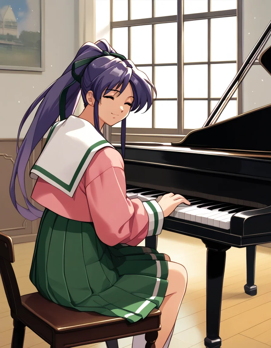 score_9, score_8_up, score_7_up
<lora:takabe-eri-ponyxl-000028:1> takabe, purple hair, hair ribbon, serafuku, pink shirt, pleated skirt, green skirt,
1girl, closed eyes, light smile, solo, sitting, piano, piano bench, window, sunbeam