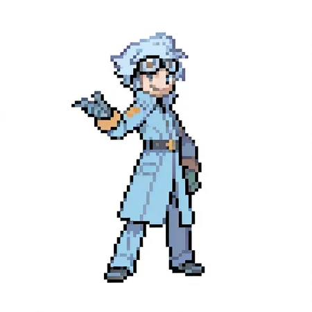 1boy,
full body,
light blue hair, coat, goggles, gloves, blue eyes, smirk