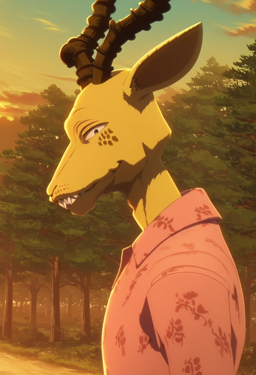 <lora:Melon_-_Beastars:1>, score_9, score_8, score_8_up, score_7, melonbeastars, anthro, male, antlers, pink shirt, freckles, looking at viewer, smile, sharp teeth, sunset, trees, from the side, sideview, snout
