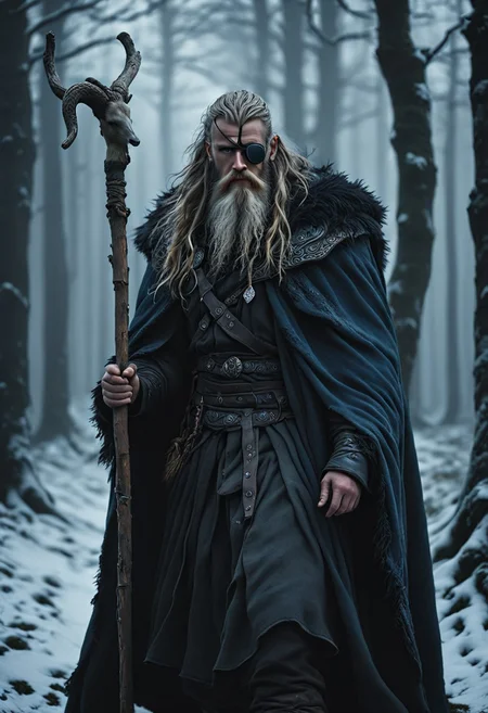 nbn-odin, Odin in mystical wanderer form: a mysterious old wanderer in a tattered blue norse cloak, his weathered face half-hidden by a deep hood. His long gray beard is windswept, A distinctive eye patch over the right eye and his left eye glints with otherworldly wisdom. He leans on a gnarled wooden staff carved with faint runes, its base worn smooth from centuries of journeys. The background is a misty Nordic forest. Style: Dark fantasy realism with cinematic lighting (like The Northman or God of War), emphasizing textures—wool cloak, weathered skin, and ancient wood, nordic mythology, nordicbynature , snow, cinematic lighting, fantasy realism