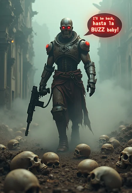 in a world destroyed with skull on the floor , mist around , lights, clouds there is a ternimator,a man robot with human form with metalic skull and some skin around and red eyes with a gun.. he is walking on the skulls and says the words .
(a speechbubble is seen, the text visibly seen inside of the speechbubble is the words "I'll be back, hasta la BUZZ baby" printed in legible font )