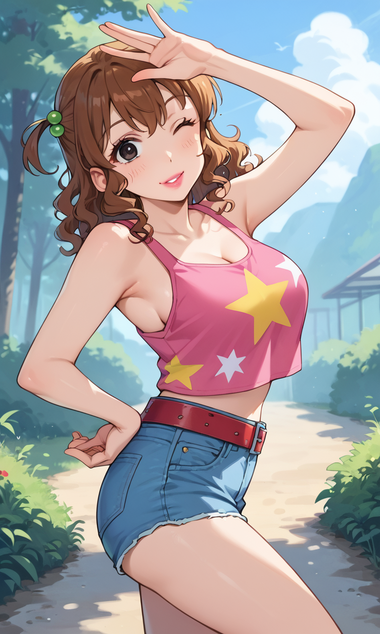 (1girl:1.5), (solo:1.3), (score_9, score_8_up, score_7_up, score_6_up, score_5_up, score_4_up), (source_anime), rating_questionable,
 <lora:kutsuzoko-atsuko_v3:0.8> (kutsuzoko-atsuko), (hair between eyes, black eyes, one side up, hair beads, brown hair, medium hair, curly hair, pink lips, lipstick), (large breasts),
 (pink tank top, star print, collarbone, red belt, denim shorts, short shorts, barefoot), 
 (cowboy shot:1.3), parted lips, smile, one eye closed,  closed mouth, outdoors, 
leg up, arm up, face up,  (from side:1.3)