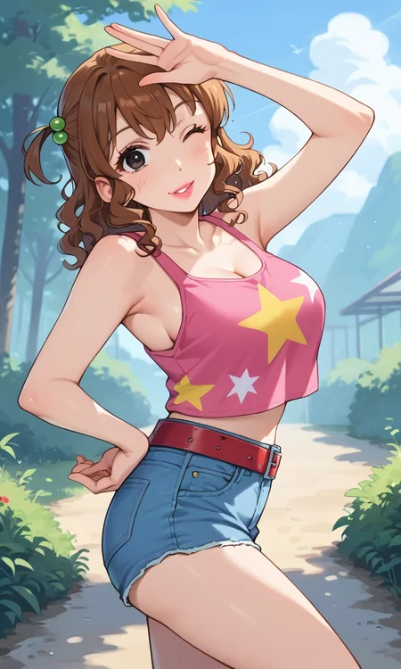 (1girl:1.5), (solo:1.3), (score_9, score_8_up, score_7_up, score_6_up, score_5_up, score_4_up), (source_anime), rating_questionable,
<lora:kutsuzoko-atsuko_v3:0.8> (kutsuzoko-atsuko), (hair between eyes, black eyes, one side up, hair beads, brown hair, medium hair, curly hair, pink lips, lipstick), (large breasts),
(pink tank top, star print, collarbone, red belt, denim shorts, short shorts, barefoot),
(cowboy shot:1.3), parted lips, smile, one eye closed, closed mouth, outdoors,
leg up, arm up, face up, (from side:1.3)