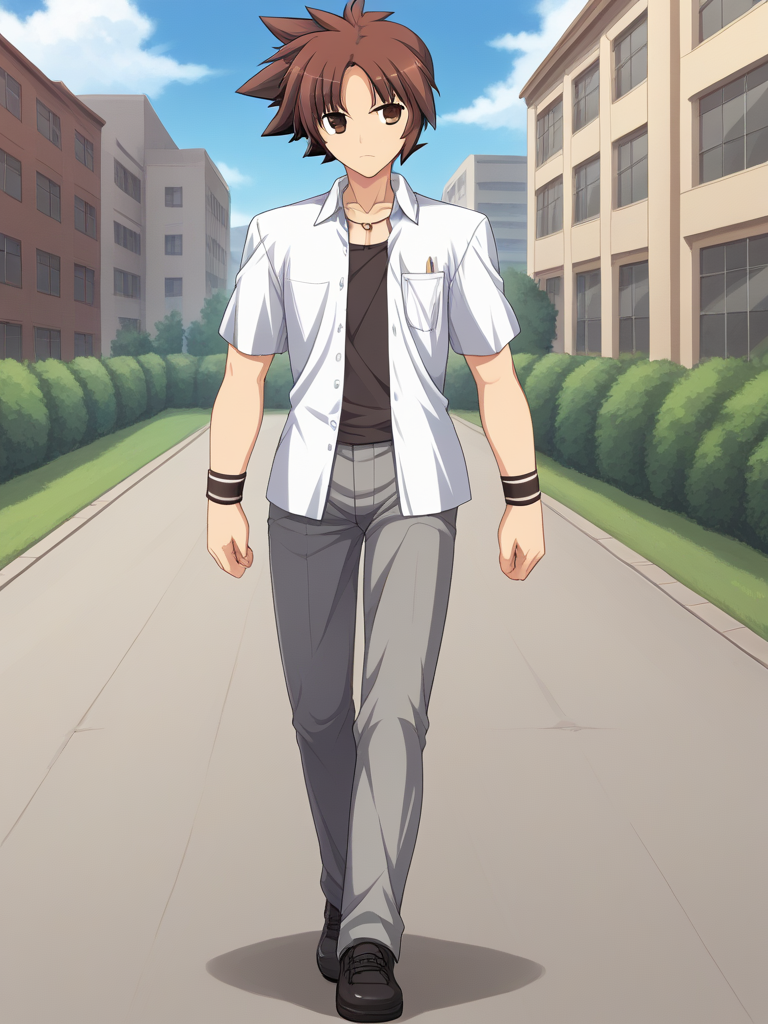 1boy, solo, reijilokiEXAEXSFA, brown hair, spiked hair, brown eyes, white collared jacket, short sleeves, shirt, wristband, grey pants, emblem, necklace, jewelry, school uniform, shoes, outdoors, campus, walking, looking away