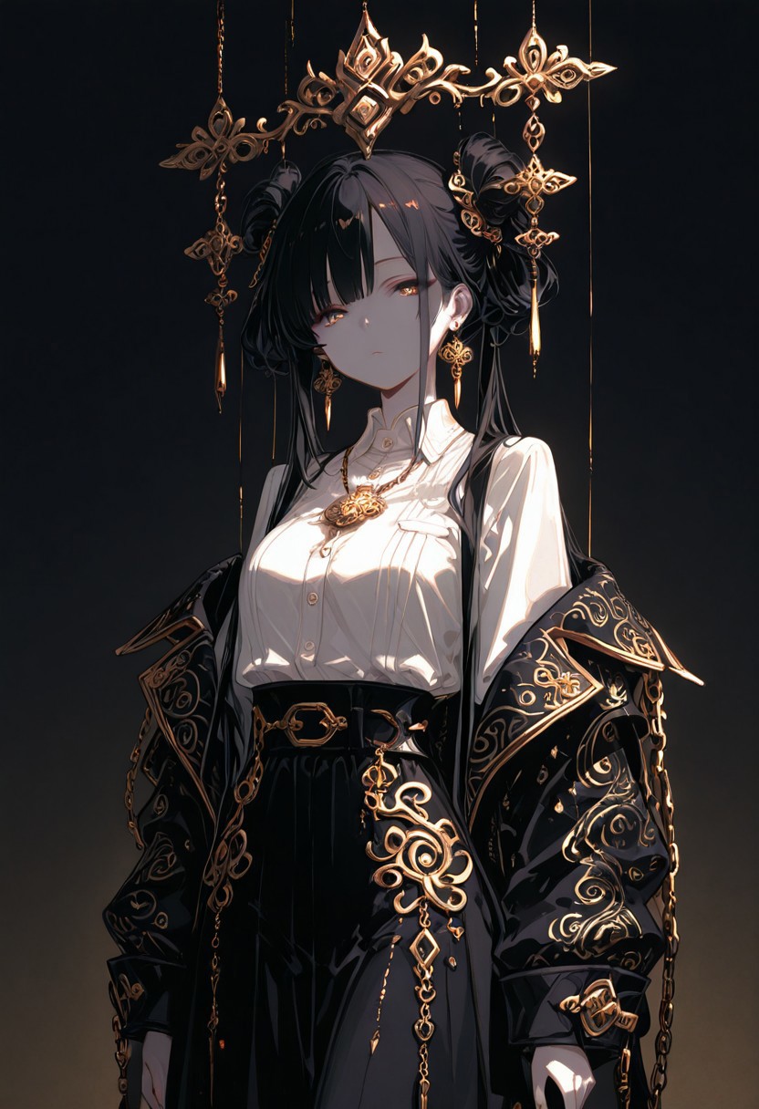 The woman is attired in an outfit that blends traditional Asian design elements with modern sensibilities. She wears a white, high-collared blouse, the texture of which appears to be fine, and a skirt of a similar shade. A black, wide belt cinches her waist, embellished with a decorative chain that dangles to her lower torso, culminating in a pendant. Over her shoulders, she drapes a dark, ornate jacket with intricate golden patterns along the lapels and cuffs, accentuating the figureâs poise. The overall effect is one of opulence and cultural richness.Her dark hair is styled in a manner that incorporates traditional elements, with two buns placed high atop her head and a cascade of long, loose strands that fall around her shoulders. hair is adorned with intricate hair accessories. The earrings she wears are similarly ornate. nails are painted a dark color.Hanging in the air are multiple strings, perhaps representing a symbolic connection with the dragon or serving as a decorative element. adorned with intricate hanging ornaments, further enhancing the opulence of the composition.The figure is predominantly rendered in shades of black, evoking a sense of mystery and otherworldliness, set against a pale, almost featureless background that accentuates its form.