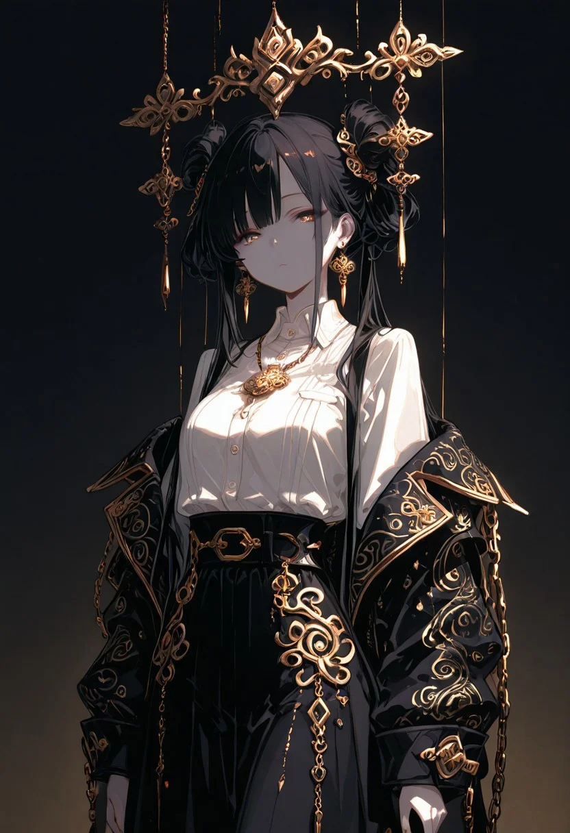 The woman is attired in an outfit that blends traditional Asian design elements with modern sensibilities. She wears a white, high-collared blouse, the texture of which appears to be fine, and a skirt of a similar shade. A black, wide belt cinches her waist, embellished with a decorative chain that dangles to her lower torso, culminating in a pendant. Over her shoulders, she drapes a dark, ornate jacket with intricate golden patterns along the lapels and cuffs, accentuating the figureâs poise. The overall effect is one of opulence and cultural richness.Her dark hair is styled in a manner that incorporates traditional elements, with two buns placed high atop her head and a cascade of long, loose strands that fall around her shoulders. hair is adorned with intricate hair accessories. The earrings she wears are similarly ornate. nails are painted a dark color.Hanging in the air are multiple strings, perhaps representing a symbolic connection with the dragon or serving as a decorative element. adorned with intricate hanging ornaments, further enhancing the opulence of the composition.The figure is predominantly rendered in shades of black, evoking a sense of mystery and otherworldliness, set against a pale, almost featureless background that accentuates its form.