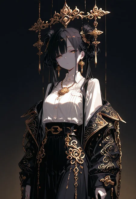 The woman is attired in an outfit that blends traditional Asian design elements with modern sensibilities. She wears a white, high-collared blouse, the texture of which appears to be fine, and a skirt of a similar shade. A black, wide belt cinches her waist, embellished with a decorative chain that dangles to her lower torso, culminating in a pendant. Over her shoulders, she drapes a dark, ornate jacket with intricate golden patterns along the lapels and cuffs, accentuating the figureâs poise. The overall effect is one of opulence and cultural richness.Her dark hair is styled in a manner that incorporates traditional elements, with two buns placed high atop her head and a cascade of long, loose strands that fall around her shoulders. hair is adorned with intricate hair accessories. The earrings she wears are similarly ornate. nails are painted a dark color.Hanging in the air are multiple strings, perhaps representing a symbolic connection with the dragon or serving as a decorative element. adorned with intricate hanging ornaments, further enhancing the opulence of the composition.The figure is predominantly rendered in shades of black, evoking a sense of mystery and otherworldliness, set against a pale, almost featureless background that accentuates its form.