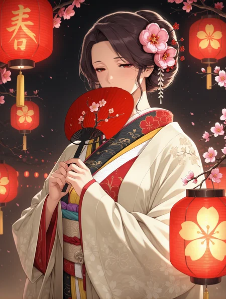 1girl, solo, mature female,red lips,
japanese clothes, layered kimono, long sleeves, sleeves past wrists, wide sleeves, print kimono, multicolored clothes, multicolored kimono, haori, hair ornament hirabitai, branch, pink flower, plum blossoms, hands up, hand fan, holding fan, covering own mouth, paper lantern,
,masterpiece,best quality,amazing quality,