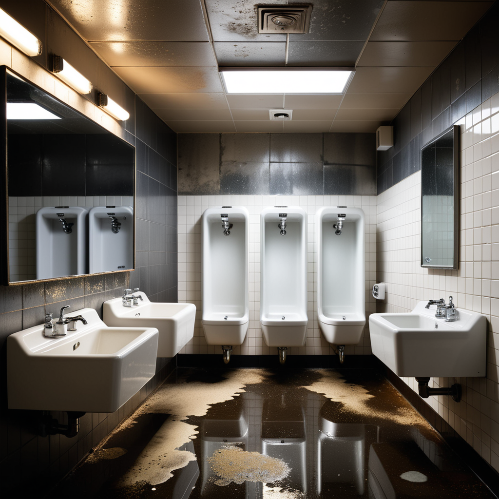 The interior of a public restroom with a utilitarian and slightly neglected design. The walls are covered in plain, slightly stained white tiles, some of which are cracked or chipped. The floor consists of large, dull gray tiles with faint scuff marks and small puddles of water near the sinks. On one side of the room, a row of metal bathroom stalls with scratched doors and faded paint lines the wall. On the opposite wall, a series of wall-mounted urinals made of white ceramic are spaced evenly, each with a metallic flush handle above. Some urinals have faint stains and water streaks, with one having a small puddle beneath it. A row of sinks with old, slightly rusted faucets sits beneath a large, streaked mirror that has smudges and water spots. Above, fluorescent tube lights buzz faintly, casting a cold, sterile glow over the space. A faint smell of cleaning chemicals lingers in the air, mixed with the dampness of the room. A hand dryer is mounted on the wall near the entrance, and a trash bin overflowing with crumpled paper towels stands nearby. The atmosphere feels functional but slightly neglected, emphasizing its everyday use.
<lora:SDXLFaeTastic2400:0.4> <lora:extremely_detailed:0.4> extremely detailed, Masterpiece,best quality,hi res,8k,hi res,8k,award winning,(sharp focus, intricate, highly detailed),