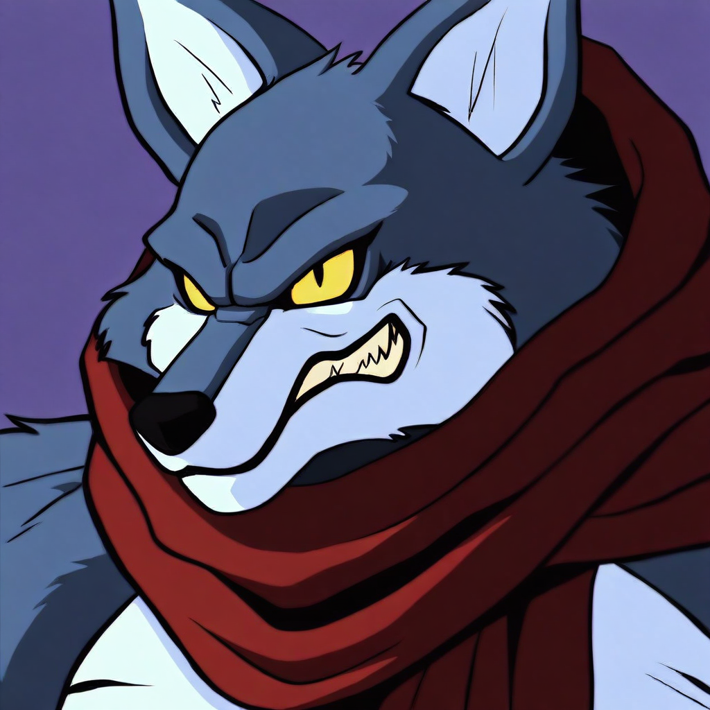 best quality, newest, absurdres, highres, 1boy, solo,1boy,Anthro,1boy,bergamo,yellow sclera, red scarf, boot, sharp teeth, fangs, anthro, furry, blue fur, blue body, wolf,face focus,upperbody