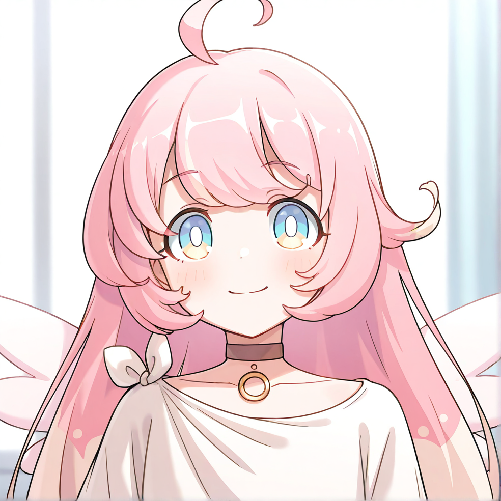 masterpiece, best quality, very aesthetic, absurdres, detailed, break, raphy_(princess_connect), 1girl,long hair,pink hair,ahoge,multicolored hair,bangs,blue eyes,wings,white dress,choker