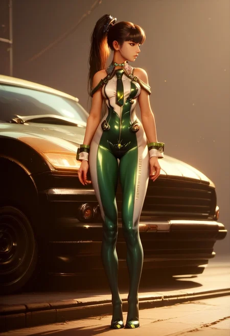 <lora:Eve_Stellar_Bladde_for_PonyXL:1>, eve (stellar_blade), solo, looking to the side, bodysuit, necktie, ground vehicle, standing, looking away, shiny clothes, motor vehicle, skin tight, full body, bare shoulders, lips, green necktie, medium breasts, wrist cuffs, shiny, sleeveless, high heels, BREAK , zPDXL, score_9, score_8_up, score_7_up, score_6_up, score_5_up, score_4_up