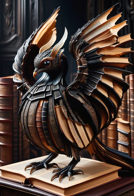 hyper detailed masterpiece, dynamic, awesome quality, DonMB00ksXL medium elongated sinuous elegant spherical entity, webbed appendages, tufted-tailed, transparent skin, webbed ears, dark wings,, leather,paper,made of books <lora:DonMB00ksXL-000008:1>