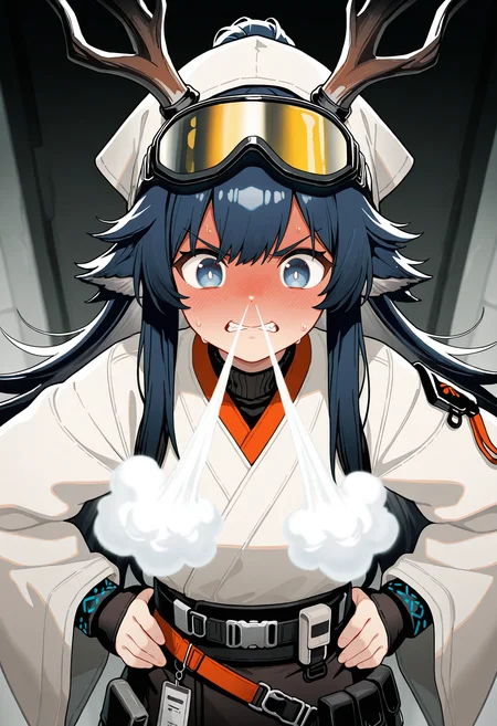 1girl, astgenne \(arknights\), arknights,solo,nose vapor,
,
,
closed mouth, , dot nose,
v-shaped eyebrows, clenched teeth, ,
sweat,blush,full-face blush,hands on own hips, ,
masterpiece,best quality,amazing quality,very aesthetic,absurdres,newest,
<lora:StS-Illustrious-Detail-Slider-v1.0:1.5>,<lora:reduce_wrinkles_illstriouosv0.1_ADDifT_2_in_1_v1.2:0.8>,<lora:99coins_nose_vapor_IL_v6_06:0.8>,
