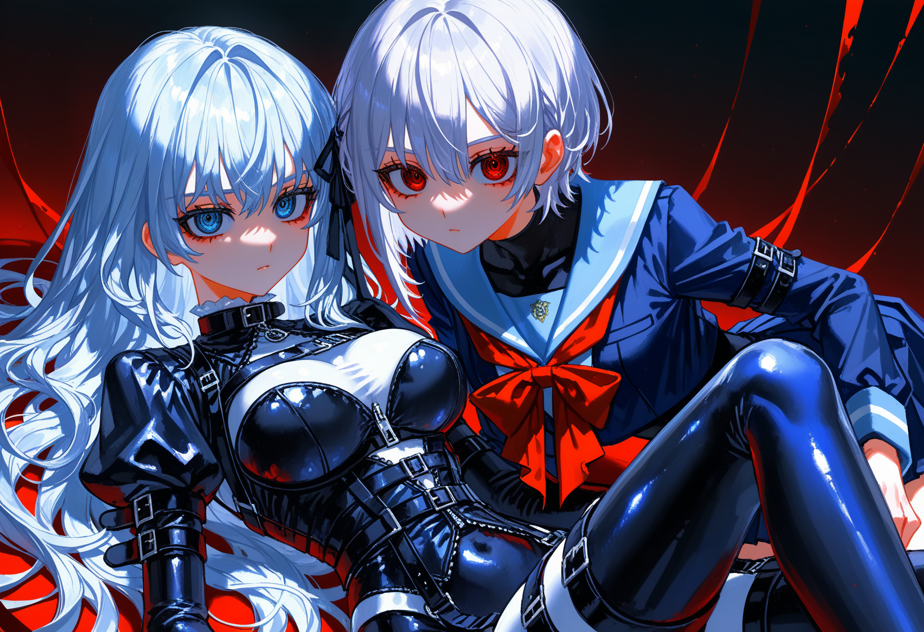 (quasarcake:0.5), 2girls, school uniform, large breasts, blue eyes, gothic outfit, red eyes, covered cleavage, bodysuit