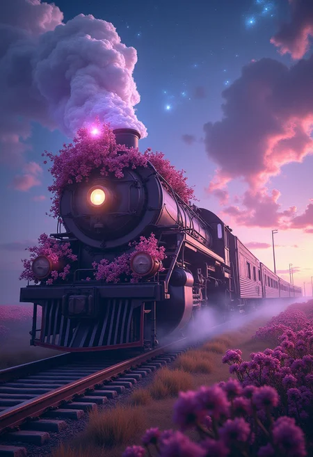 Hyperrealistic train detailed with blooming flowers, ethereal cloud animals with shimmering outlines, passengers gazing in awe, vast sky with swirling galaxies, cosmic colors (purples, blues, pinks), dramatic lighting, mystical atmosphere