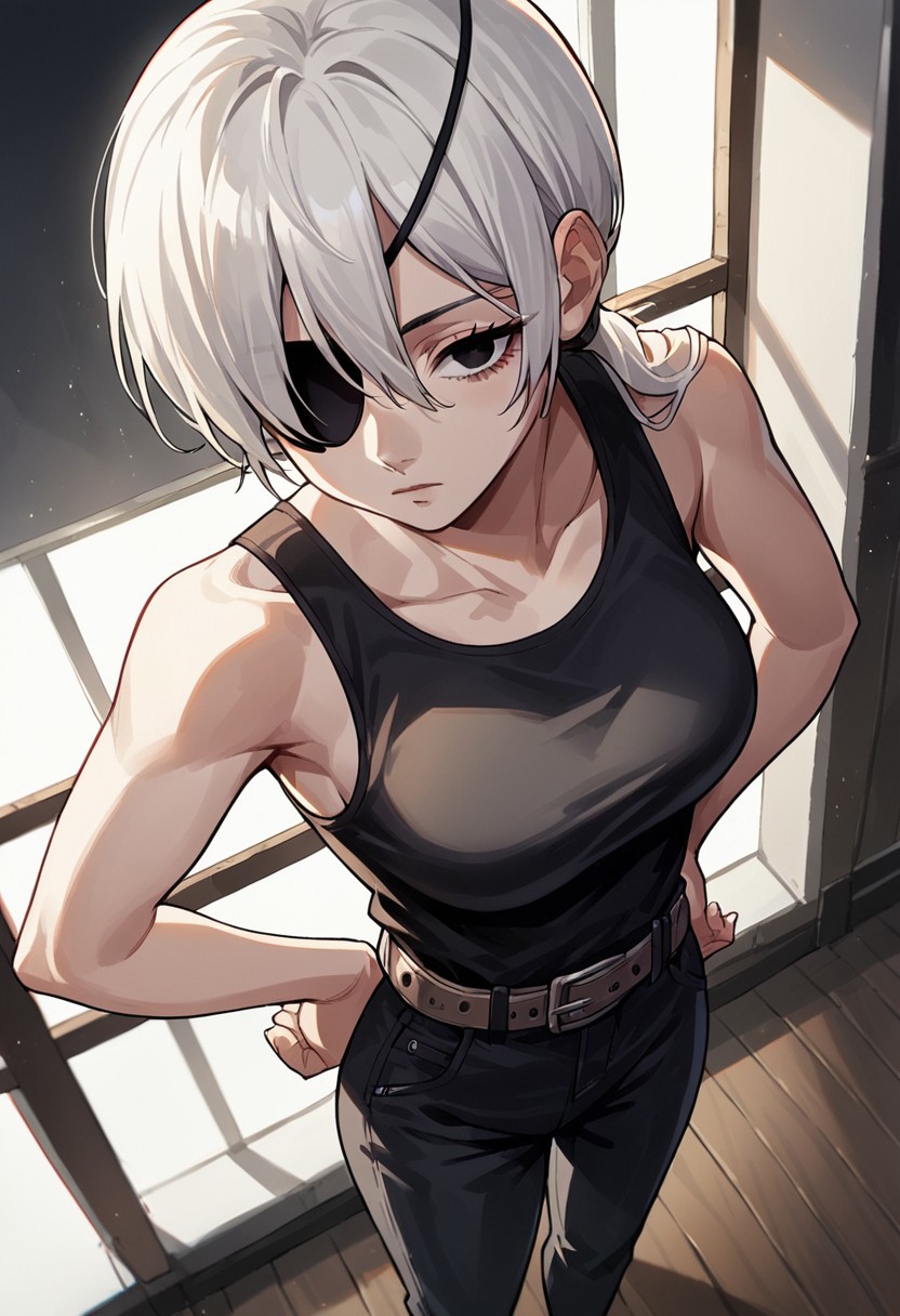 score_9_up, score_8_up, score_7_up, score_6_up, score_5_up, score_4, source_anime, 1girl, white hair, ponytail, long hair, black eyes, black tank top, sleeveless, bare shoulders, brown belt, black pants, high-waist pants, eyepatch
solo, cinematic lighting, dynamic angle, unique angle, skin tight, looking at viewer, bedroom, medium breasts, big butt, hips, thighs, above view, standing, hands on hip