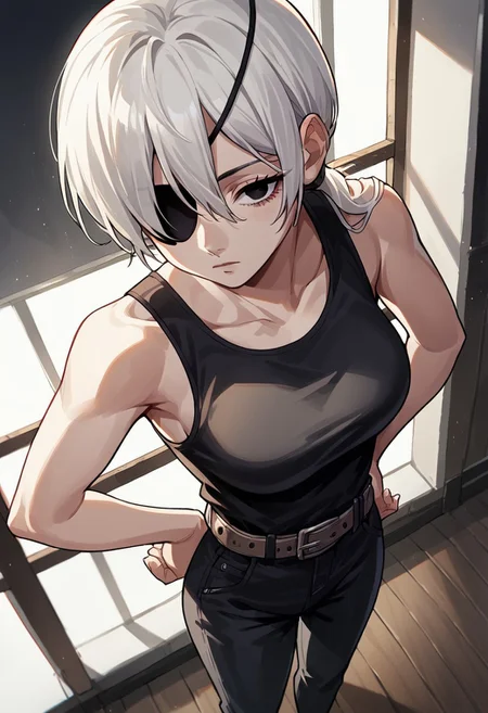 score_9_up, score_8_up, score_7_up, score_6_up, score_5_up, score_4, source_anime, 1girl, white hair, ponytail, long hair, black eyes, black tank top, sleeveless, bare shoulders, brown belt, black pants, high-waist pants, eyepatch
solo, cinematic lighting, dynamic angle, unique angle, skin tight, looking at viewer, bedroom, medium breasts, big butt, hips, thighs, above view, standing, hands on hip