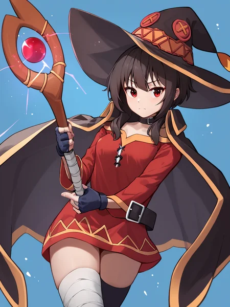 score_9,score_8_up,score_7_up, <lora:megumin:1>,highres, black_thighhighs, black_belt, simple_background, black_cape, black_gloves, blue_background, solo, short_hair_with_long_locks, black_choker, medium_breasts, fingerless_gloves, witch_hat, short_dress, single_thighhigh, looking_at_viewer, closed_mouth, absurdres, magic, looking_to_the_side, 1girl, red_dress, megumin, cowboy_shot