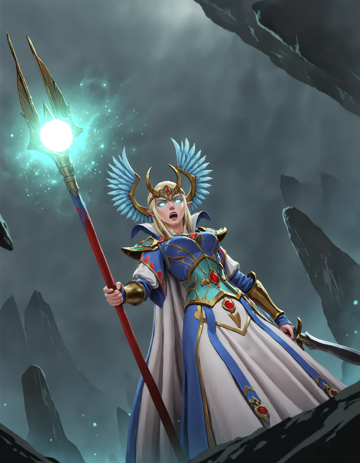 masterpiece, good quality, best quality, 2d, anime, dutch angle, from below,
looking at viewer, hearchmage, solo, determined, 
casting spell, spell, magic, holding staff, open mouth, (photokinesis), powering up, light particles, glowing eyes, 
 <lora:HEArchmage_Vpred:0.6>