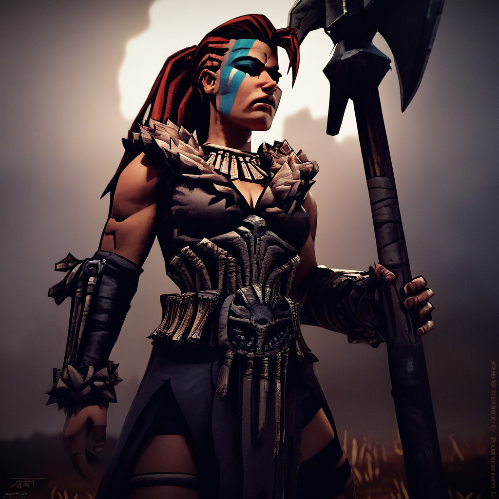 score_9, score_8_up, score_7_up, masterpiece, best quality, newest, absurdres, highres, 1girl, HellionDD-Il.V1.0, jewelry, necklace, red hair, armor, leather armor, fur coat, red hair, tribal, clevage,