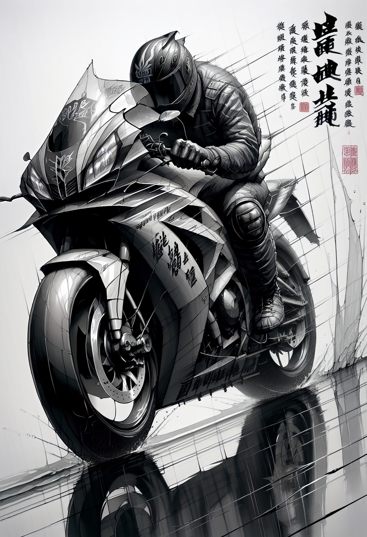score_9, score_8_up, score_7_up, score_9, <lora:cllgrphy_pdxl_EliPot:1> monochrome, chinese text,
motor vehicle, motorcycle helmet, on motorcycle, traditional chinese text, armor, male focus, 1boy, riding, boots, knee pads, spot color, speed lines, 1other, biker clothes, gloves, motion blur, ambiguous gender, from side, white background, full body, reflection, simple background, sitting, covered face, dutch angle, bikesuit