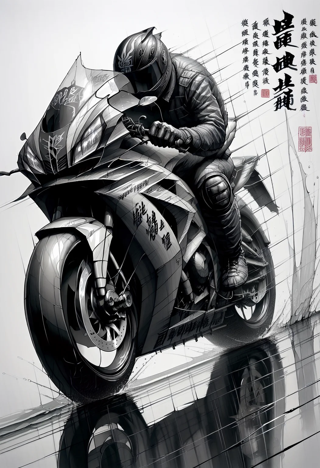 score_9, score_8_up, score_7_up, score_9, <lora:cllgrphy_pdxl_EliPot:1> monochrome, chinese text,
motor vehicle, motorcycle helmet, on motorcycle, traditional chinese text, armor, male focus, 1boy, riding, boots, knee pads, spot color, speed lines, 1other, biker clothes, gloves, motion blur, ambiguous gender, from side, white background, full body, reflection, simple background, sitting, covered face, dutch angle, bikesuit