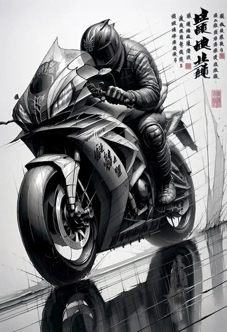 score_9, score_8_up, score_7_up, score_9, <lora:cllgrphy_pdxl_EliPot:1> monochrome, chinese text,
motor vehicle, motorcycle helmet, on motorcycle, traditional chinese text, armor, male focus, 1boy, riding, boots, knee pads, spot color, speed lines, 1other, biker clothes, gloves, motion blur, ambiguous gender, from side, white background, full body, reflection, simple background, sitting, covered face, dutch angle, bikesuit