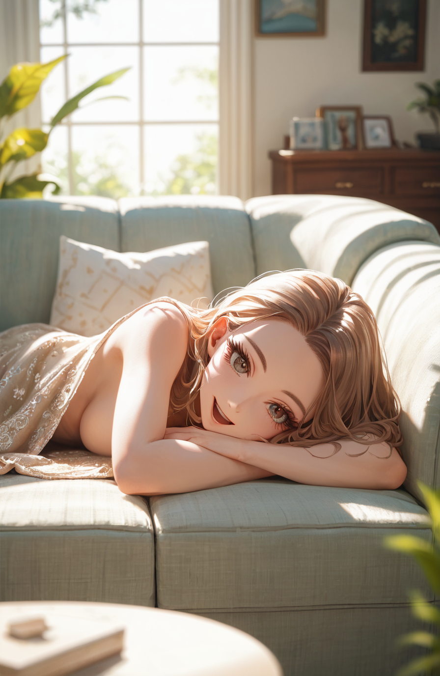 (score_9, score_8_up, score_8, score_9, ASCII score_9), (source_anime), (masterpiece best quality), (beautiful atmosphere), (depth field, 8K, UHD, high detail RAW color art), (sharp eyelid, sharp eyelashes, thick eyelashes, long eyelashes), (beautiful skin, beautiful face), (curvaceous figure), (perfect anatomy), (beautiful detailed face, beautiful oval face), (detailed embroidery), (sharp out line), (perfect hands), foreshortening, skin dentation, Visual Representation, sense of movement, detailed backgrounds, cinematic scene, looking at viewer, open mouth, smile, head tilt, happy,
1girl, solo, indoors, living room, table, couch, Cushions, appliances windows, prone born, lying, on couch, natural lighting, dramatic lighting, a beautiful memorable moment, Sunlight through the trees, <lora:add-detail-xl:1>, <lora:nai style for pony final:1>