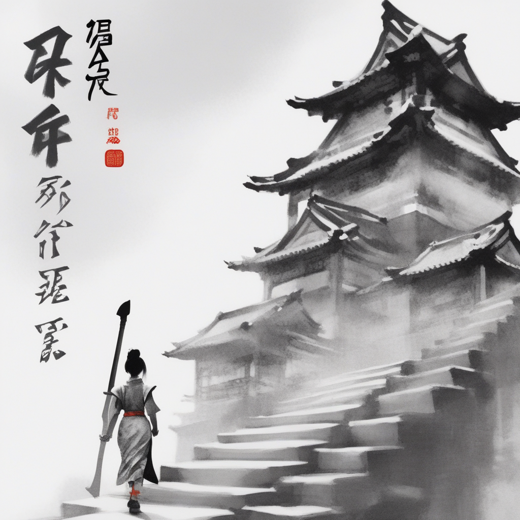 axe, wide shot, sumie ink paper texture, asian ink, chinese text, architecture, calligraphy brush (medium), greyscale, sky, 1girl, bird, yellow eyes, stairs, year of the ox, armor, east asian architecture
