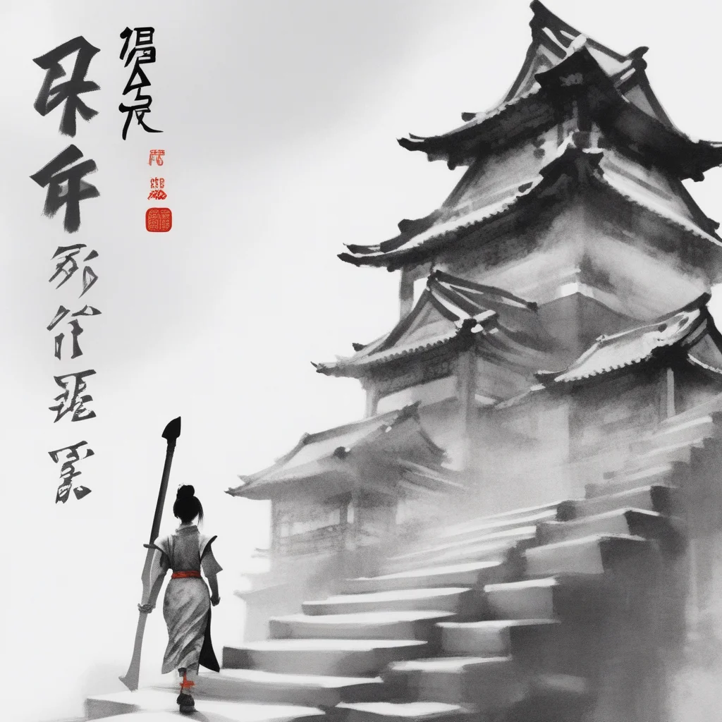 axe, wide shot, sumie ink paper texture, asian ink, chinese text, architecture, calligraphy brush (medium), greyscale, sky, 1girl, bird, yellow eyes, stairs, year of the ox, armor, east asian architecture