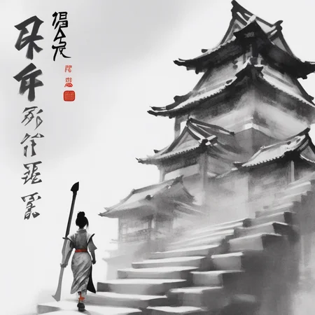axe, wide shot, sumie ink paper texture, asian ink, chinese text, architecture, calligraphy brush (medium), greyscale, sky, 1girl, bird, yellow eyes, stairs, year of the ox, armor, east asian architecture
